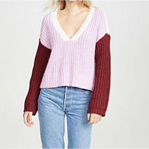 Wildfox NWT Colorblock V-Neck chunky knit Cropped Sweater Large pink maroon - Picture 8 of 12